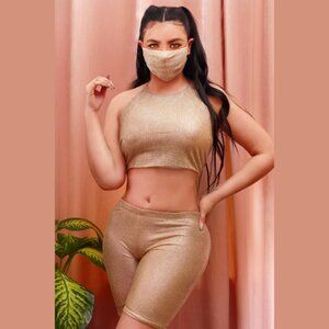 NWT Lustruck Nude Silver Lurex Mesh Rave Festival 3pc Set with Mask